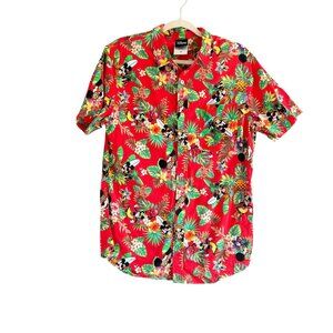 Disney Store Mickey Mouse Hawaiian Floral Button Front Shirt Men Medium Red